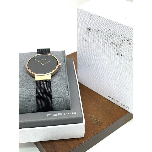 Bering Women's Watch 14531-166 Quartz Rose Gold Black Mesh Stainless Ste…